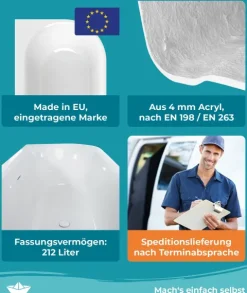 Calmwaters Vorwand-Badewanne 160x75 cm Komplettset Seamless Comfort, fugenloses Design, vormontiert mit Schürze & Ablaufgarnitur, Acryl, Made in EU, 02SL6221