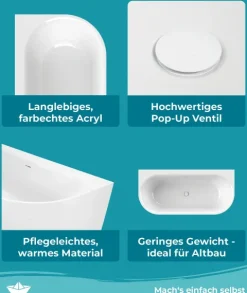 Calmwaters Vorwand-Badewanne 160x75 cm Komplettset Seamless Comfort, fugenloses Design, vormontiert mit Schürze & Ablaufgarnitur, Acryl, Made in EU, 02SL6221