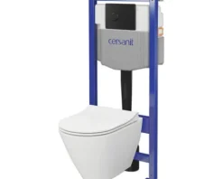 Cersanit Wand-WC Set CITY Tiefspüler ohne Spülrand weiß glänzend mit Beschichtung mit WC-Sitz, Montagelement und Drückerplatte schwarz S701-763