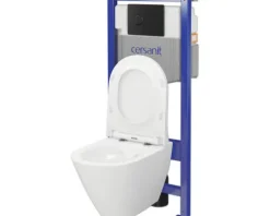 Cersanit Wand-WC Set CITY Tiefspüler ohne Spülrand weiß glänzend mit Beschichtung mit WC-Sitz, Montagelement und Drückerplatte schwarz S701-763