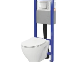 Cersanit Wand-WC Set SAVIO Tiefspüler ohne Spülrand weiß glänzend mit Beschichtung mit WC-Sitz, Montagelement und Drückerplatte chrom S701-828