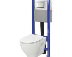 Cersanit Wand-WC Set SAVIO Tiefspüler ohne Spülrand weiß glänzend mit Beschichtung mit WC-Sitz, Montagelement und Drückerplatte chrom S701-828
