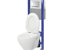 Cersanit Wand-WC Set SAVIO Tiefspüler ohne Spülrand weiß glänzend mit Beschichtung mit WC-Sitz, Montagelement und Drückerplatte chrom S701-828