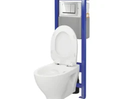 Cersanit Wand-WC Set SAVIO Tiefspüler ohne Spülrand weiß glänzend mit Beschichtung mit WC-Sitz, Montagelement und Drückerplatte chrom S701-828