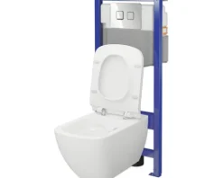 Cersanit Wand-WC Set VIRGO Tiefspüler VIRGO Tiefspüler ohne Spülrand weiß glänzend mit WC-Sitz , Vorwandelement und Betätigungsplatte Accento Square chrom SZWZ1008456282