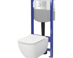 Cersanit Wand-WC Set VIRGO Tiefspüler VIRGO Tiefspüler ohne Spülrand weiß glänzend mit WC-Sitz , Vorwandelement und Betätigungsplatte Accento Square chrom SZWZ1008456282