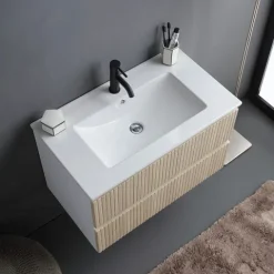 80cm geriffelter Unterschrank mit Waschtisch, ohne Spiegel - Holzoptik eiche | Bilbao