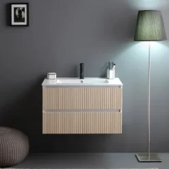 80cm geriffelter Unterschrank mit Waschtisch, ohne Spiegel - Holzoptik eiche | Bilbao