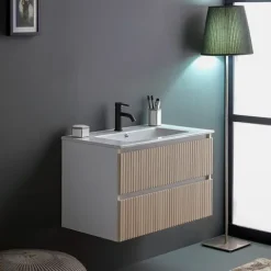 80cm geriffelter Unterschrank mit Waschtisch, ohne Spiegel - Holzoptik eiche | Bilbao