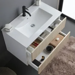 80cm geriffelter Unterschrank mit Waschtisch, ohne Spiegel - Holzoptik eiche | Bilbao