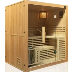 Dewello® Finnische Traditionelle Sauna SARNIA 180cm x 140cm inkl. 6 KW Harvia Ofen, inkl. Aufguss-Set, Sanduhr, Thermometer