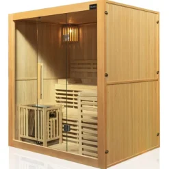 Dewello® Finnische Traditionelle Sauna SARNIA 180cm x 140cm inkl. 6 KW Harvia Ofen, inkl. Aufguss-Set, Sanduhr, Thermometer