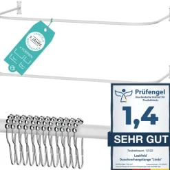 Duschvorhangstange L Form & Duschstange U Form 4 in 1 System inkl. 12 Ringe - Stabile Winkelstange Duschvorhang ohne Deckenhalterung - Duschstange Ecke Rostfrei - Duschvorhangstange Badewanne & Dusche