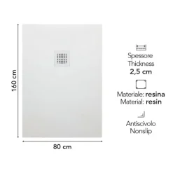 Duschwanne 160x80 Slim in weißem Harz Steinoptik komplett mit Abdeckgitter | Muse