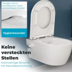 Dusch-WC spülrandlos Hänge WC Taharet Toilette inkl. Warm-Kalt-Mischer & WC-Sitz mit Absenkautomatik + abnehmbar Keramik inkl. Nanoversiegelung