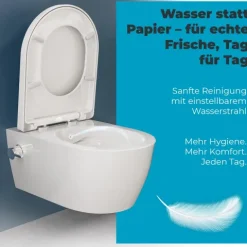 Dusch-WC spülrandlos Hänge WC Taharet Toilette inkl. Warm-Kalt-Mischer & WC-Sitz mit Absenkautomatik + abnehmbar Keramik inkl. Nanoversiegelung