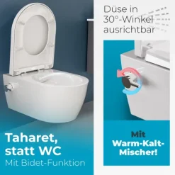 Dusch-WC spülrandlos Hänge WC Taharet Toilette inkl. Warm-Kalt-Mischer & WC-Sitz mit Absenkautomatik + abnehmbar Keramik inkl. Nanoversiegelung