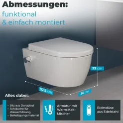 Dusch-WC spülrandlos Hänge WC Taharet Toilette inkl. Warm-Kalt-Mischer & WC-Sitz mit Absenkautomatik + abnehmbar Keramik inkl. Nanoversiegelung