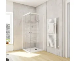 Eckeinstieg mit Gleittür/Schiebetür SCHULTE Sunny 75 - 90 cm x 175 cm Profil weiß Glasdekor Querstreifen Türanschlag links Türanschlag rechts