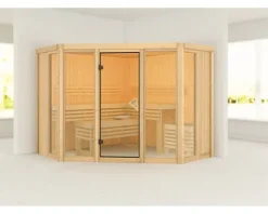 Elementsauna Karibu Armira 2 ohne Ofen und Dachkranz mit Ganzglasfensterfront