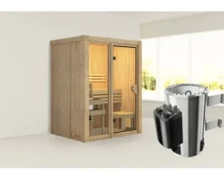 Elementsauna Karibu Avarni 1 inkl. 3,6 kW Ofen u.integr.Steuerung ohne Dachkranz mit bronzierter Ganzglastüre