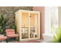 Elementsauna Karibu Avarni 1 inkl. 3,6 kW Ofen u.integr.Steuerung ohne Dachkranz mit bronzierter Ganzglastüre
