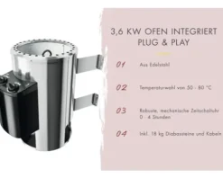 Elementsauna Karibu Avarni 1 inkl. 3,6 kW Ofen u.integr.Steuerung ohne Dachkranz mit bronzierter Ganzglastüre