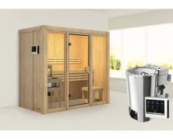 Elementsauna Karibu Avarni 2 inkl. 3,6 kW Bio Ofen u.ext.Steuerung ohne Dachkranz mit bronzierter Ganzglastüre