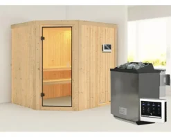 Elementsauna Karibu Bodo inkl. 9 kW Bio Ofen u.ext.Steuerung ohne Dachkranz mit bronzierter Ganzglastüre