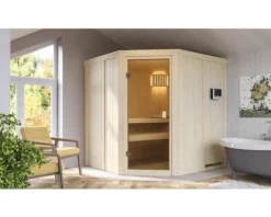 Elementsauna Karibu Bodo inkl. 9 kW Bio Ofen u.ext.Steuerung ohne Dachkranz mit bronzierter Ganzglastüre