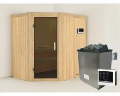 Elementsauna Karibu Carina inkl. 9 kW Ofen u.ext.Steuerung ohne Dachkranz mit graphitfarbeneer Ganzglastüre