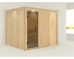 Elementsauna Karibu Gobina ohne Ofen mit Dachkranz und graphitfarbiger Ganzglastüre