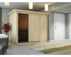 Elementsauna Karibu Gobina ohne Ofen mit Dachkranz und graphitfarbiger Ganzglastüre
