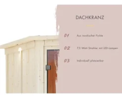 Elementsauna Karibu Gobina ohne Ofen mit Dachkranz und graphitfarbiger Ganzglastüre