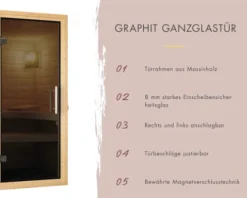 Elementsauna Karibu Gobina ohne Ofen mit Dachkranz und graphitfarbiger Ganzglastüre