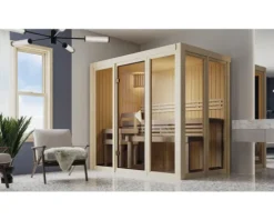 Elementsauna Karibu Iravos 3 ohne Ofen und bronzierter Ganzglastüre