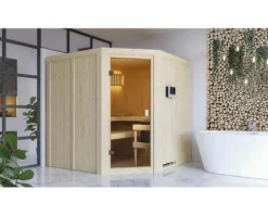 Elementsauna Karibu Kotka inkl. 9 kW Ofen u.ext.Steuerung ohne Dachkranz mit bronzierter Ganzglastüre