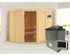 Elementsauna Karibu Kotka inkl. 9 kW Ofen u.ext.Steuerung ohne Dachkranz mit bronzierter Ganzglastüre