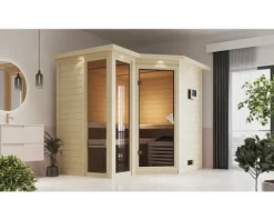 Elementsauna Karibu Limonit ohne Ofen mit Dachkranz und bronzierter Ganzglastüre