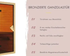 Elementsauna Karibu Limonit ohne Ofen mit Dachkranz und bronzierter Ganzglastüre