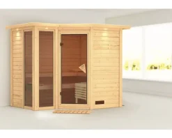 Elementsauna Karibu Limonit ohne Ofen mit Dachkranz und bronzierter Ganzglastüre