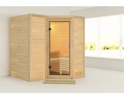 Elementsauna Karibu Melanit 1 ohne Ofen und Dachkranz mit Ganzglastüre aus Klarglas