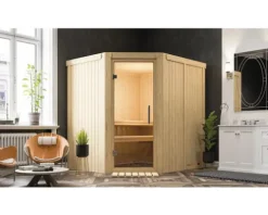 Elementsauna Karibu Petalit ohne Ofen und Dachkranz mit Ganzglastüre aus Klarglas