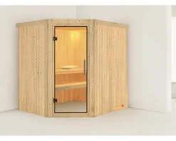 Elementsauna Karibu Petalit ohne Ofen und Dachkranz mit Ganzglastüre aus Klarglas