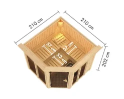 Elementsauna Karibu Sairi inkl. 9 kW Bio Ofen u.ext.Steuerung mit Dachkranz und bronzierter Ganzglastür