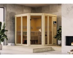 Elementsauna Karibu Sairi inkl. 9 kW Bio Ofen u.ext.Steuerung mit Dachkranz und bronzierter Ganzglastür