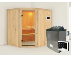 Elementsauna Karibu Siirina inkl. 9 kW Ofen u.ext.Steuerung ohne Dachkranz mit bronzierter Ganzglastüre