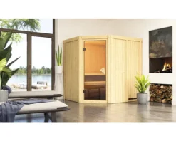 Elementsauna Karibu Siirina inkl. 9 kW Ofen u.ext.Steuerung ohne Dachkranz mit bronzierter Ganzglastüre