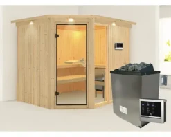 Elementsauna Karibu Siona 3 inkl. 9 kW Ofen u.ext.Steuerung mit Dachkranz und bronzierter Ganzglastüre