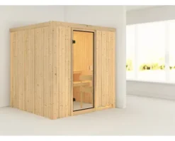 Elementsauna Karibu Tromsö ohne Ofen und Dachkranz mit bronzierter Ganzglastüre